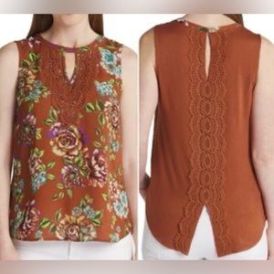 Daniel Rainn women’s petite orange sleeveless blouse keyhole accents lace trim